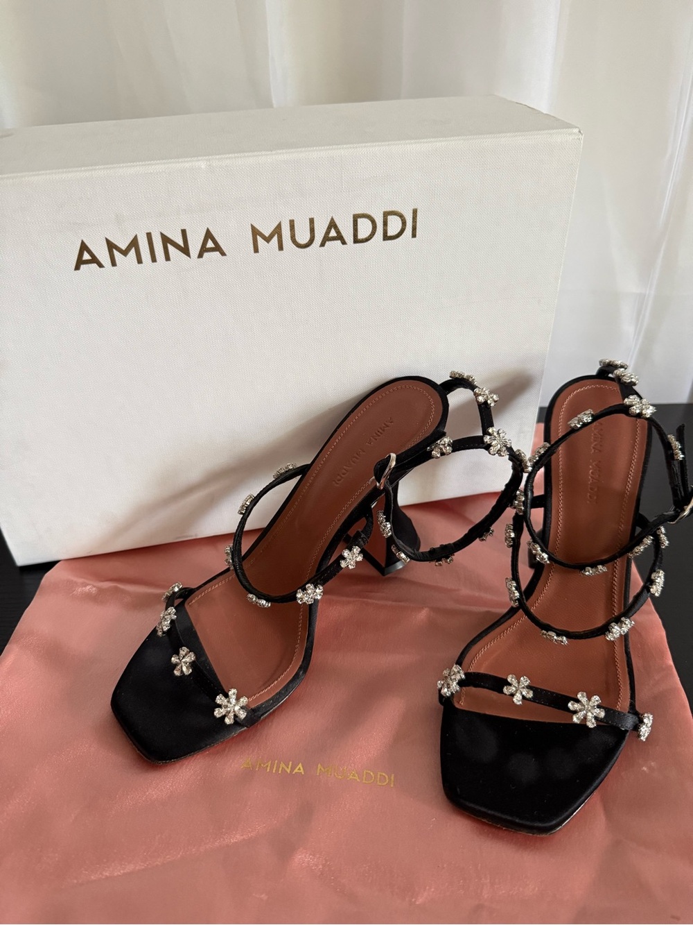 Amina Muaddi Black Jeweled Floral Strappy Sandals
